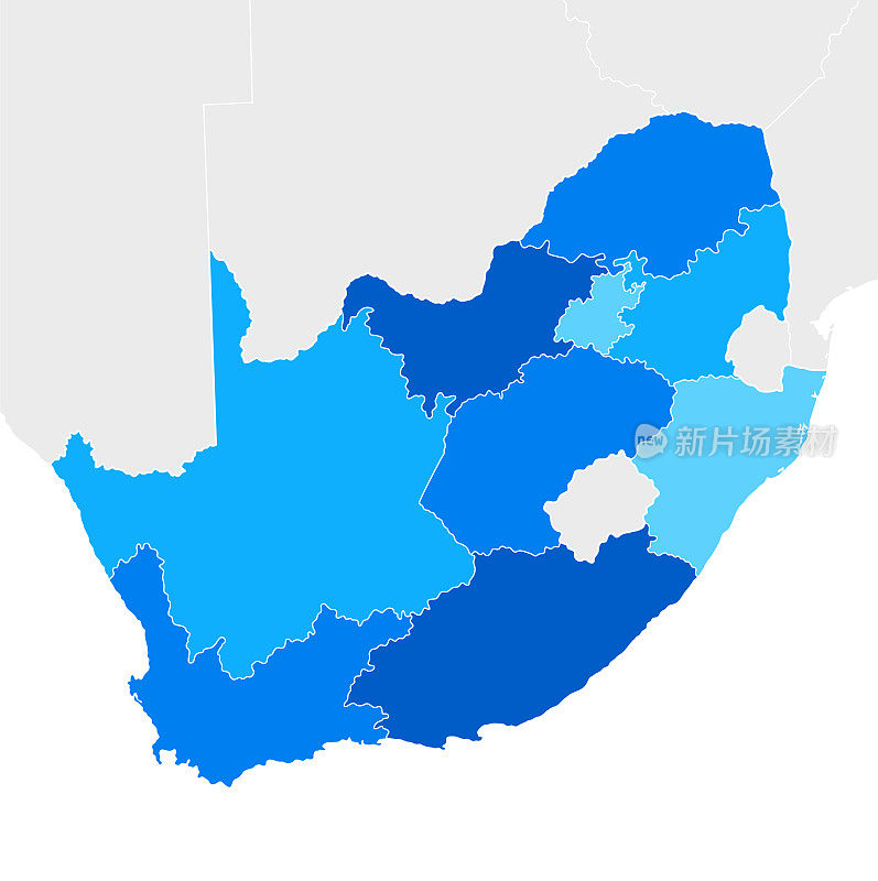 高度详细的南非蓝色地图与区域和国家边界