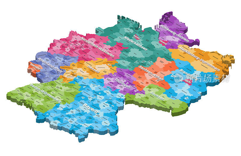 德国等距地图，以州和行政区划着色，有铭文