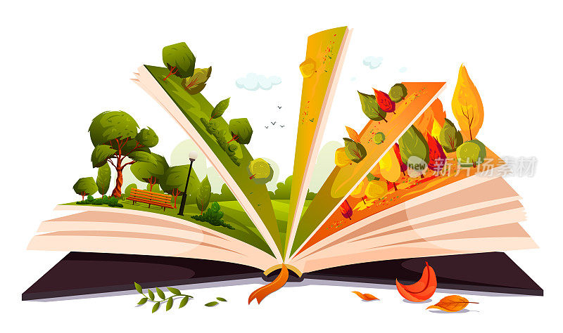 翻开童话书。绿色的夏天森林，白雪皑皑的冬天，孩子们的冒险故事。书页两侧不同的淡季。读关于春天自然的神奇故事书。矢量图