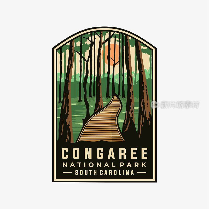 刚果国家公园矢量模板。南卡罗来纳的地标性插图补丁徽章风格。