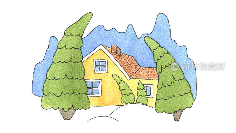 水彩森林房子着色插图孤立在白色背景