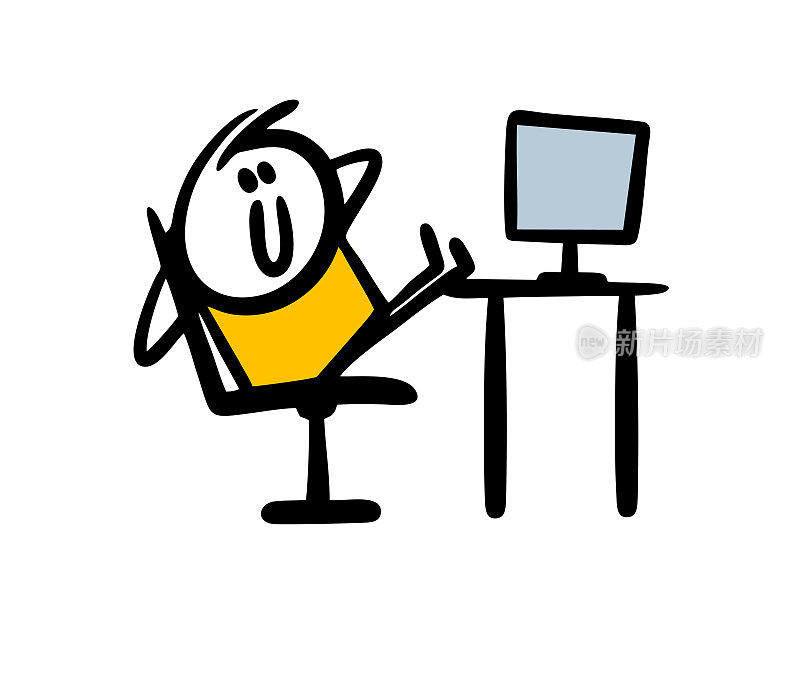 一个快乐的棍子人坐在桌子上，懒洋洋地在网上看电脑上的电影。