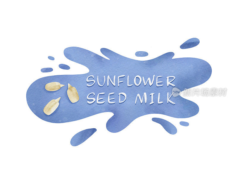 葵花籽奶上溅起蓝色的水花。健康素食非乳制品替代牛奶。数字水彩设计