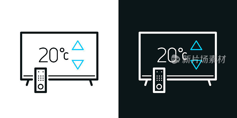 带加热控制的电视。黑色或白色背景上的双色线条图标-可编辑笔触