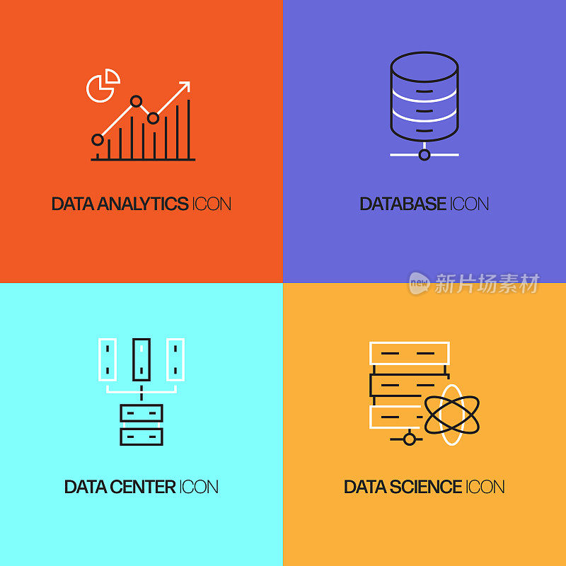 数据分析相关的矢量细线图标。轮廓符号集合