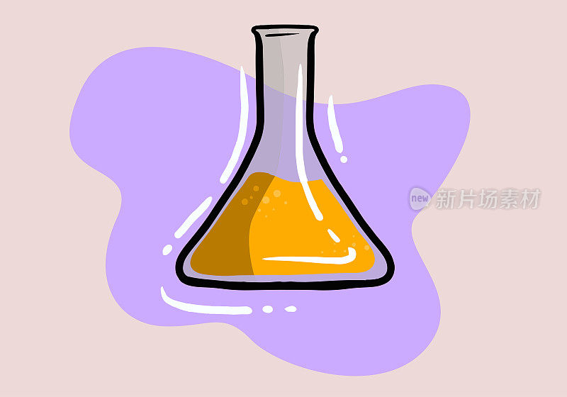 橙色烧瓶液体图标。化学实验室研究。矢量插图。手绘实验室科学设备。