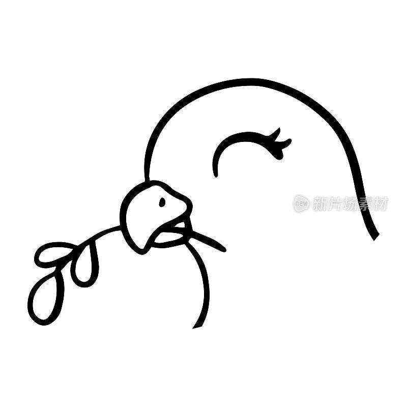 鸽子嘴里衔着一根橄榄枝。儿童涂色页。数字印章。卡通人物。矢量插图隔离在白色背景上。
