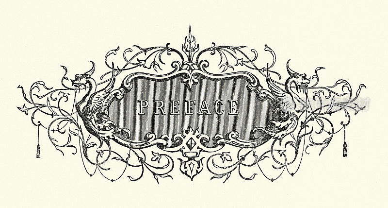 维多利亚设计元素，前言标题，卷轴工作与龙，19世纪的风格