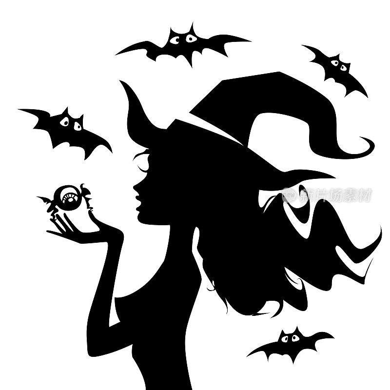 万圣节概念的扁平风格。一个年轻美丽的女巫在吃糖果，白色的背景上有蝙蝠。