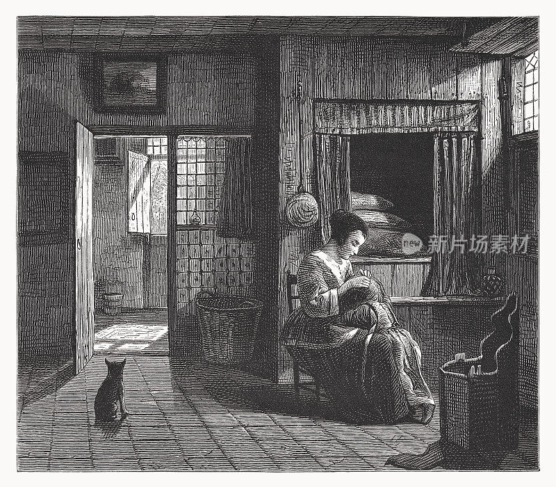 《母亲的责任》，彼得・德・霍赫画，木刻，1878年出版