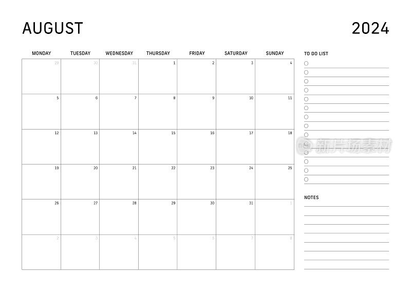 周一开始2024年8月的日历，包括待办事项清单和笔记