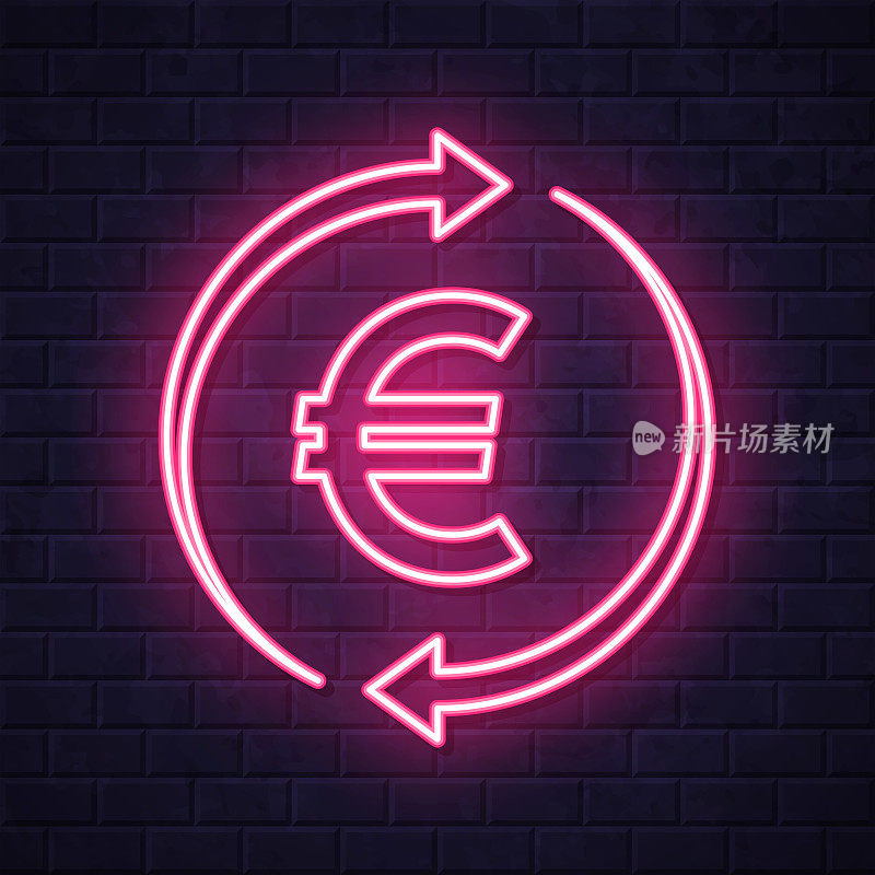 兑换和转移欧元。在砖墙背景上发光的霓虹灯图标