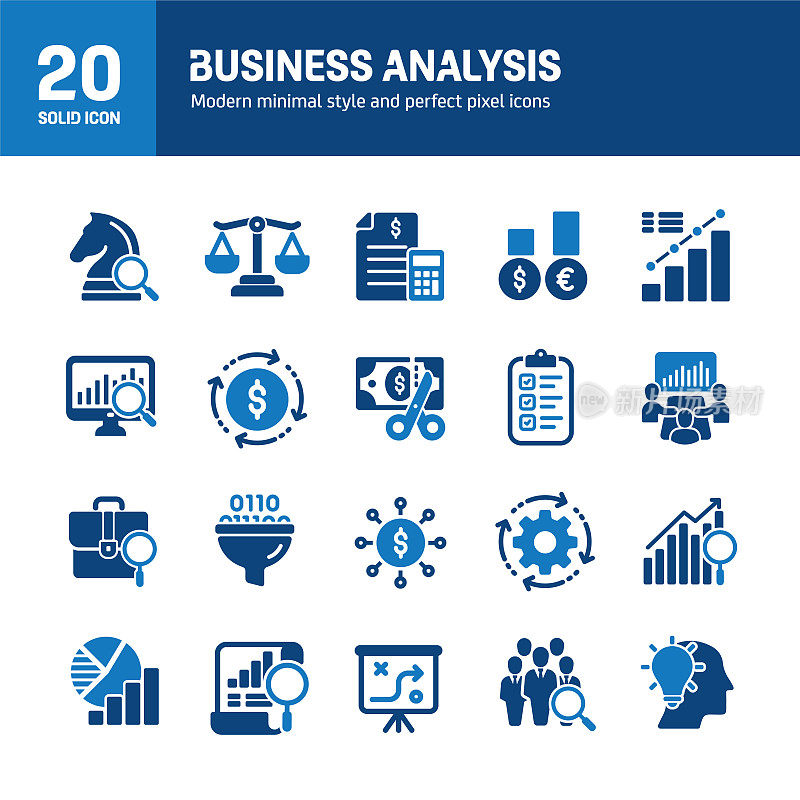 业务分析实体图标。包含数据，策略，规划，研究扎实的图标收集。矢量插图。网站设计、logo、app、模板、ui等。