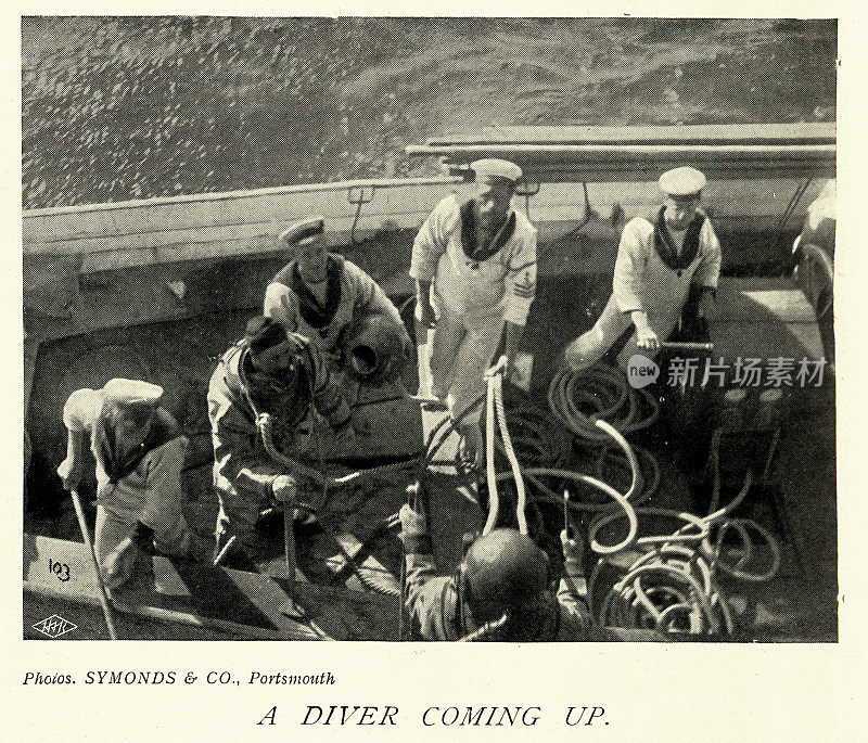 19世纪90年代，英国皇家海军潜水员从海中浮出水面