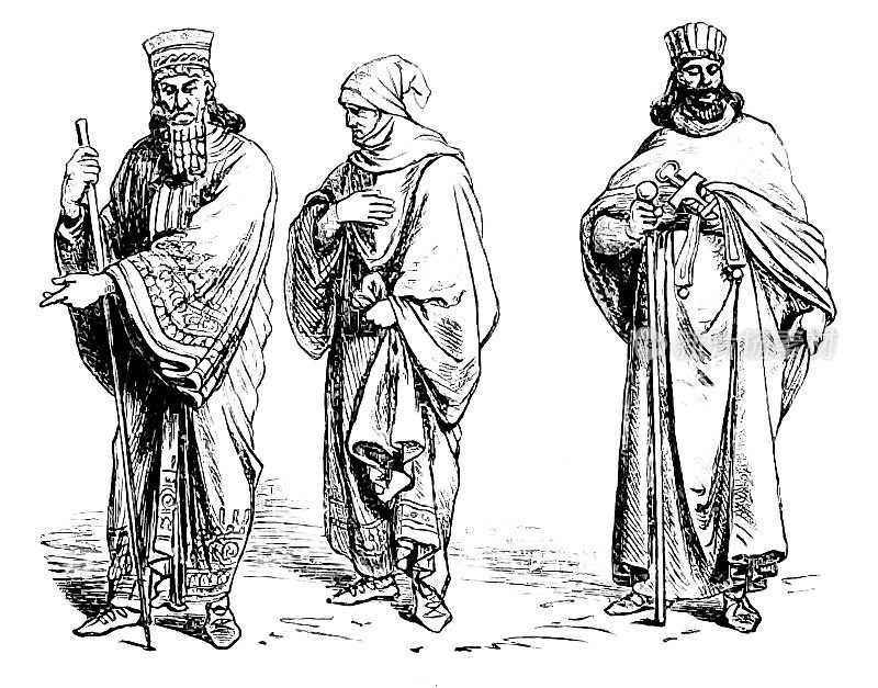 穿着传统服饰的波斯人，国王，官员，魔术师