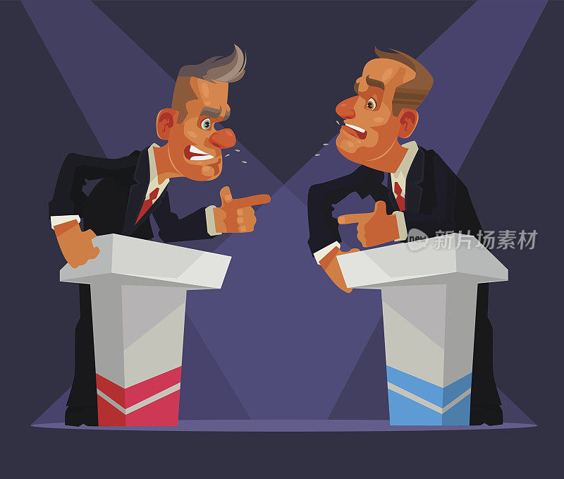 政治辩论。两人的性格。矢量平面卡通插图