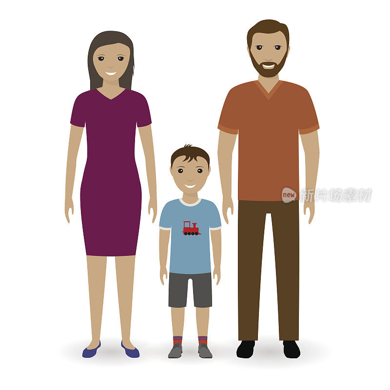 幸福年轻的一家人站在一起。父亲和母亲和孩子男孩孤立在一个白色的背景。
