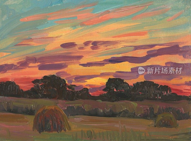 田野里的干草堆。晚上的风景。油画