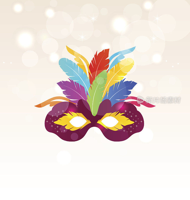 彩色嘉年华面具与羽毛在发光的背景