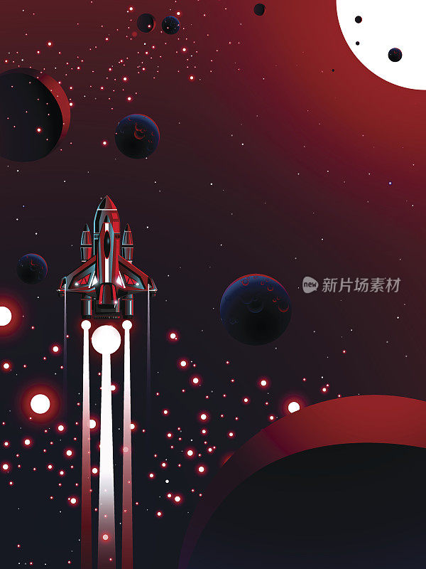 宇宙背景中带有红色星尘卫星和小行星带的红色宇宙飞船