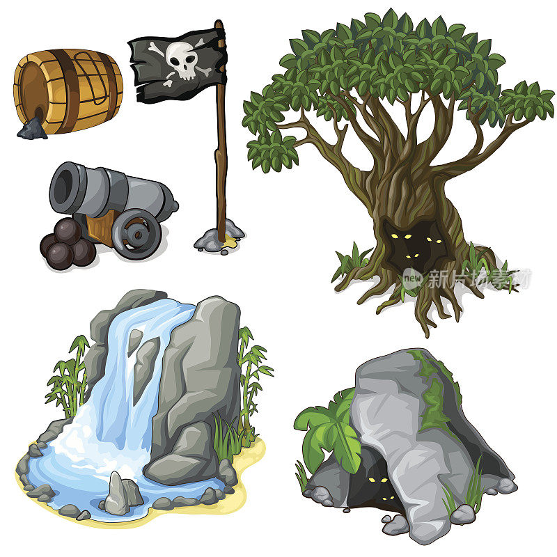 神秘的树，洞穴，瀑布和海盗的象征