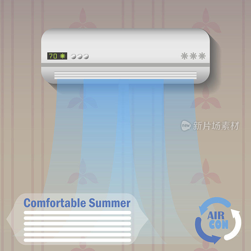 现代空调用家用冷风气流矢量插图，广告横幅模板或背景。