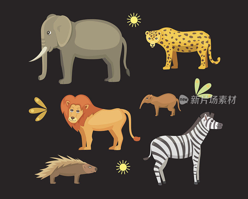 非洲动物卡通向量集。safari孤立的插图。