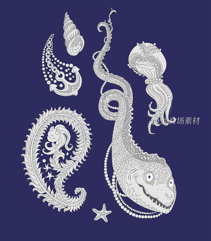 矢量插图的有趣的海洋字符在一个深蓝色的背景。装饰卡通莫雷，水母，海星，海锚，海贝壳，海海藻，单色涂鸦，手绘素描。书封面，t恤印花