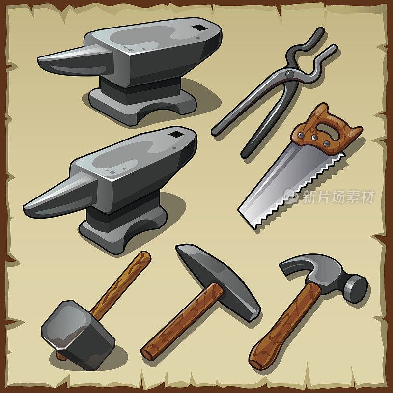 一套铁砧，锯子，锤子和其他工具