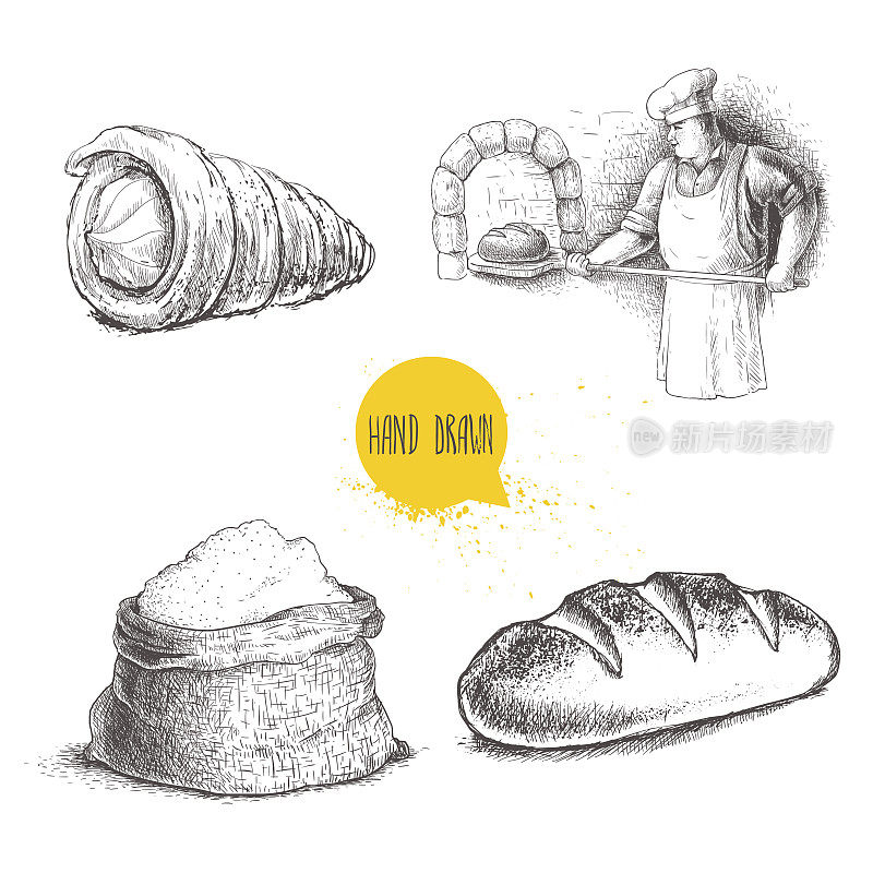 手绘set面包房插图。面包师在石炉中制作新鲜面包，奶油卷，新鲜法棍面包和面粉袋