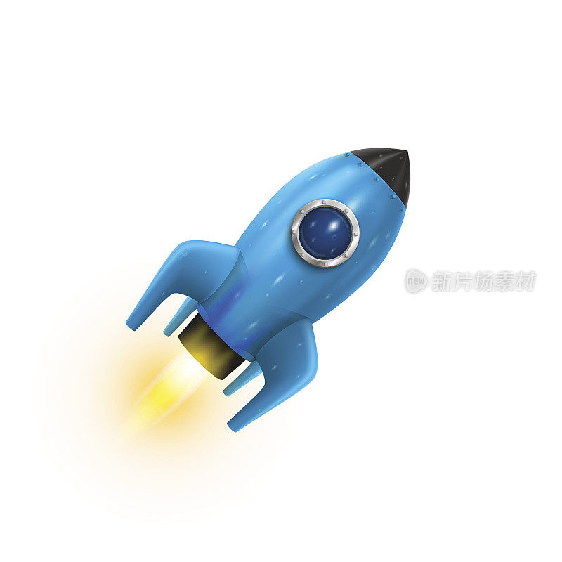 火箭蓝色图标3d，现实对象白色背景，矢量插图