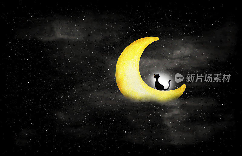 黑色和白色的夜空和黑猫坐在月亮上。水彩抽象染色夜空背景