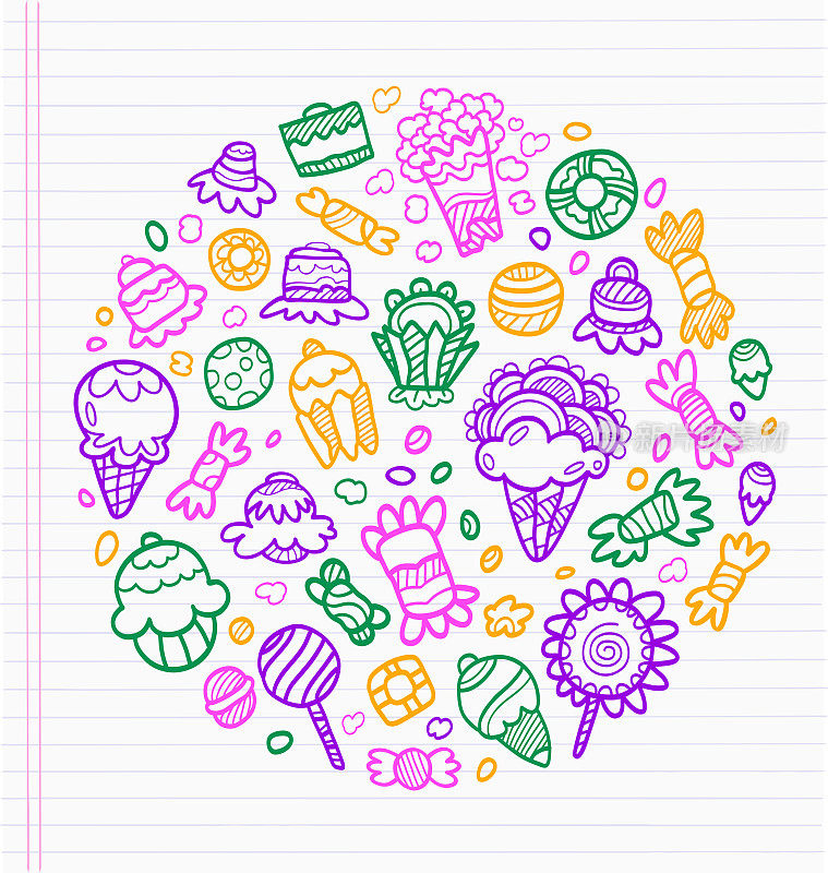一张笔记本，上面画着彩色的糖果