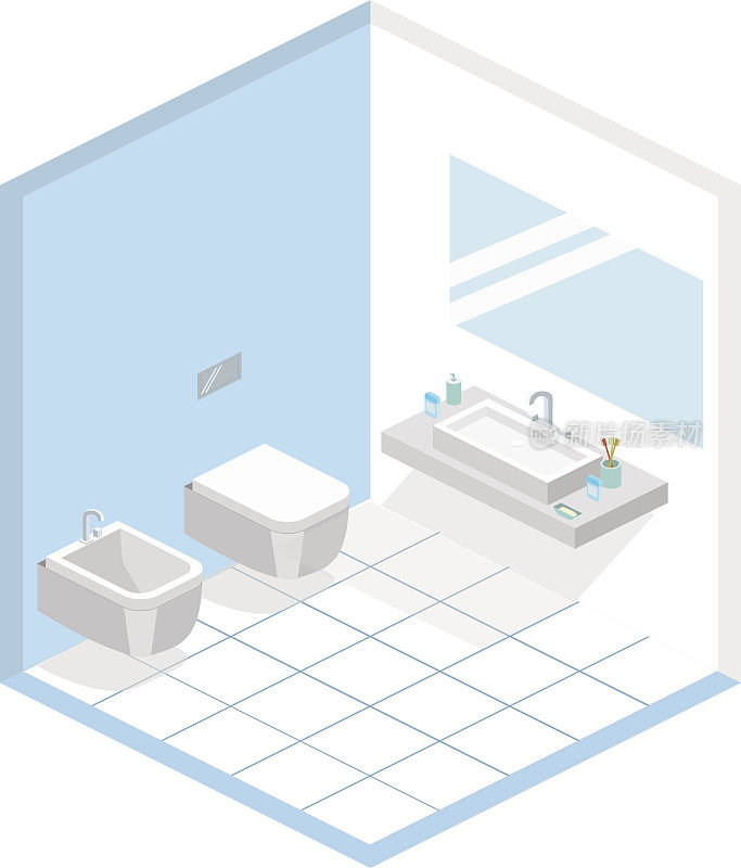 浴室内部的等距平面三维矢量概念