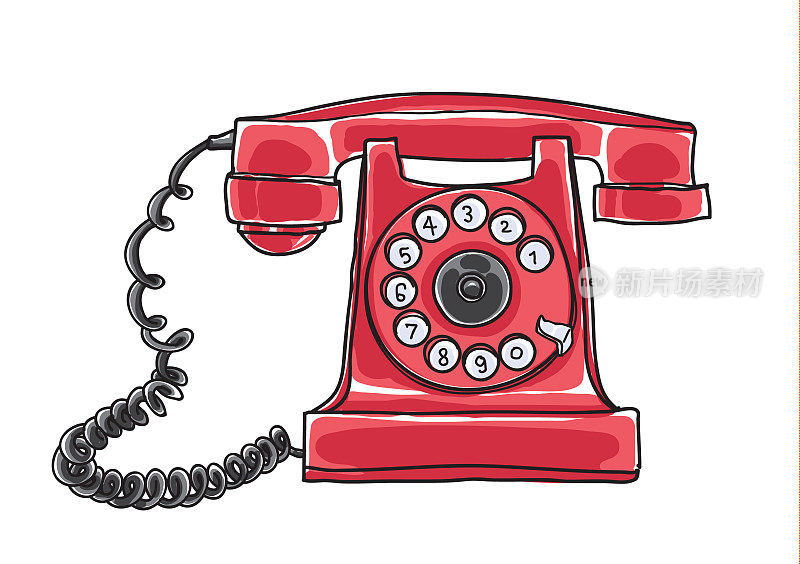 红色古董旋转拨号电话手绘矢量艺术插图