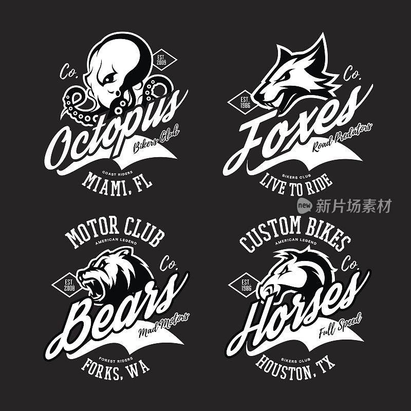 复古的美国狂怒章鱼，狐狸，熊，骑手俱乐部t打印矢量设计集。