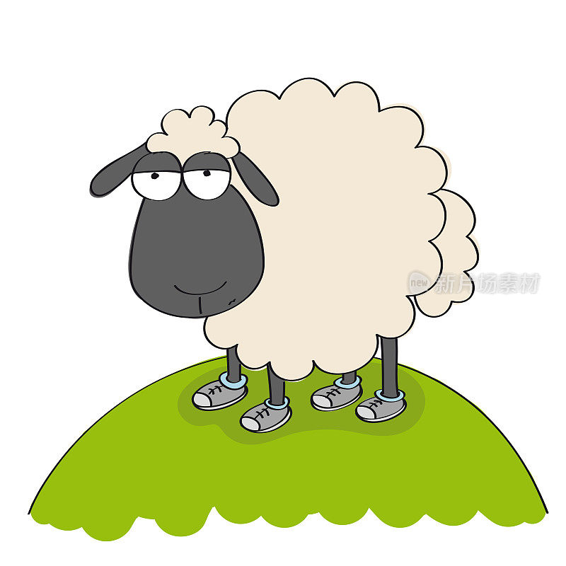 呆头呆脑的绵羊穿着鞋，站在山上，看起来傻乎乎的——原创手绘搞笑卡通插图