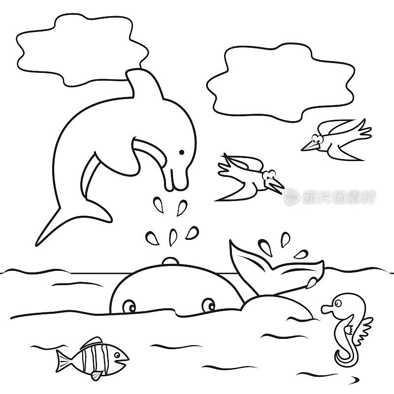 海豚，鲸鱼，鸟，海马，还有海里的鱼。儿童涂色页。矢量插图。