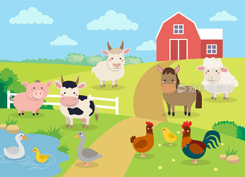 农场动物与景观-可爱的卡通矢量插图农场，牛，猪，马，山羊，绵羊，鸭子，母鸡，鸡和公鸡