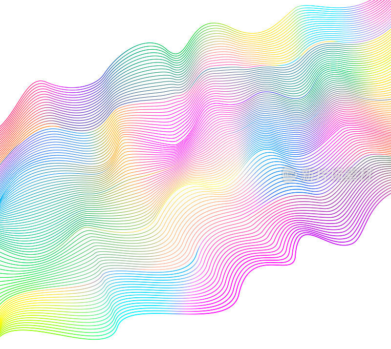 白色背景上飘动的彩带。向量抽象波浪线。线条艺术现代设计理念。明亮的粉红色、蓝色、黄色、紫色、绿色波浪闪闪发光。EPS10插图