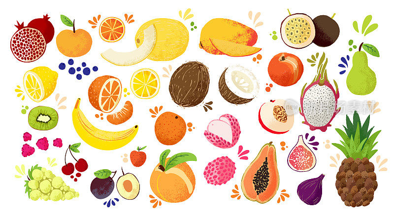 一套色彩鲜艳的手绘水果——热带甜水果、柑橘类水果插图。苹果、梨、橙、香蕉、木瓜、火龙果、荔枝等。矢量彩色素描孤立的插图。多汁水果和浆果收集