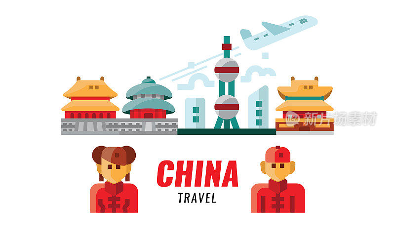 中国旅行。中国传统建筑、建筑、人民和文化。平面设计图标。矢量图