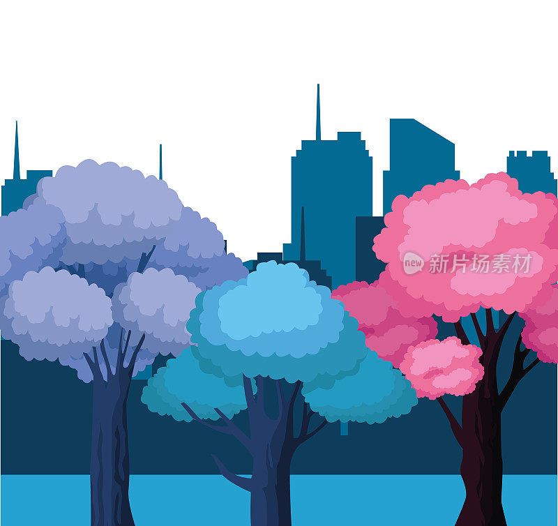 色彩斑斓的树木和城市建筑为背景