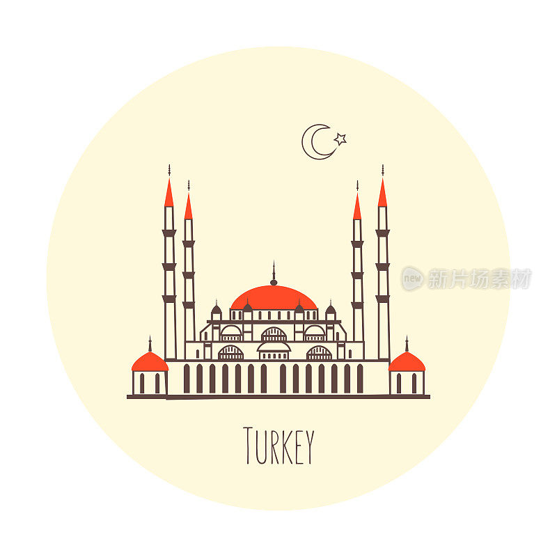 Suleymaniye清真寺或Selimiye清真寺，土耳其的地标Edirne市，卡通矢量插图孤立的背景，旅游图标，装饰彩色标志建筑，设计广告的线条艺术