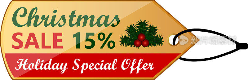 圣诞节销售15%节日特别优惠复古红色黄金闪亮的价格标签