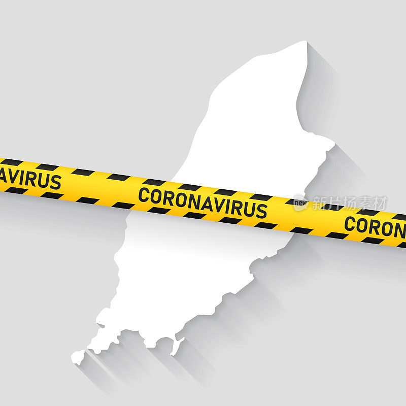 马恩岛地图与冠状病毒警告胶带。Covid-19爆发