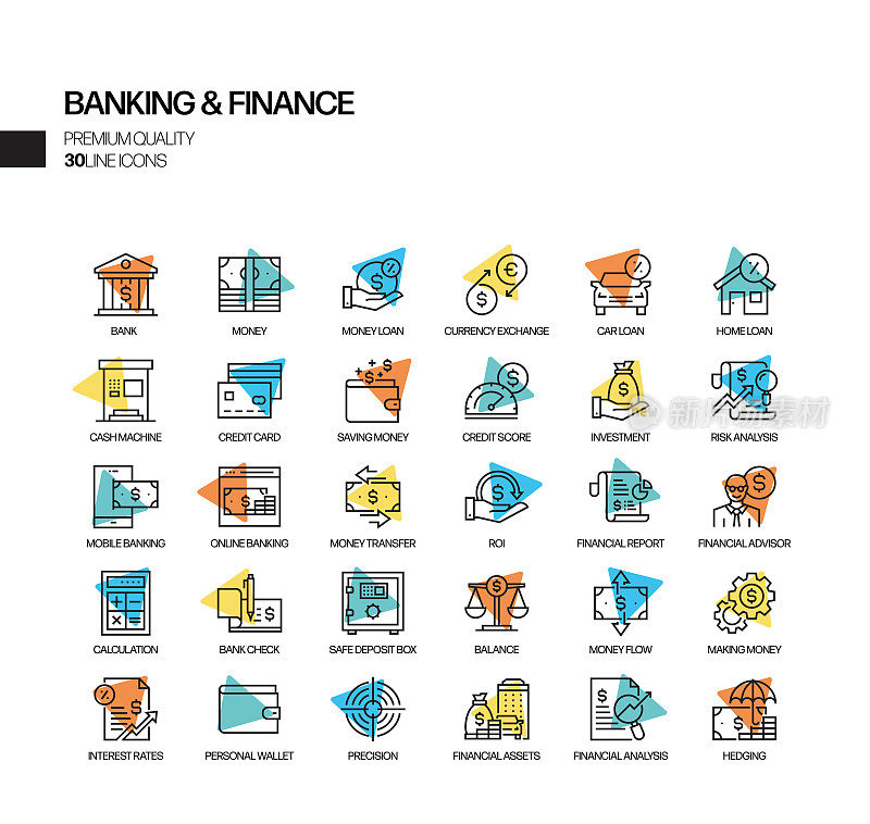 银行和金融相关的聚光灯矢量线图标的简单设置。大纲符号集合。
