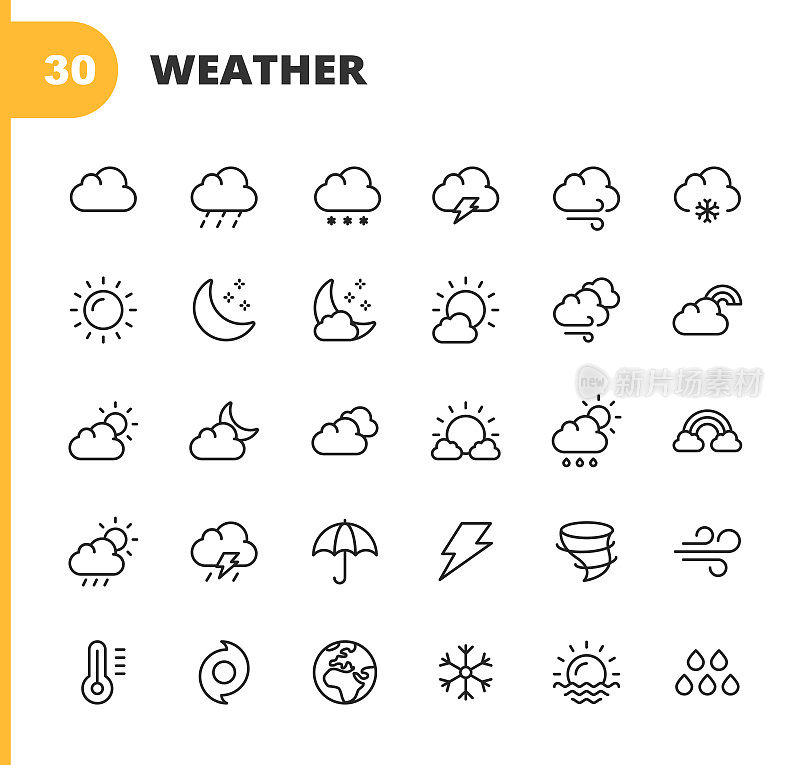 天气图标。可编辑的中风。像素完美。移动和网络。包含天气，太阳，云，雨，雪，温度，气候，月亮，风，旋风，气候变化，龙卷风，暴风雪，闪电等图标。
