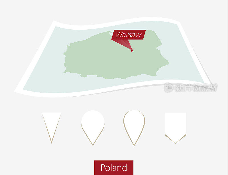 波兰曲线纸地图与首都华沙在灰色背景。四种不同的地图引脚设置。
