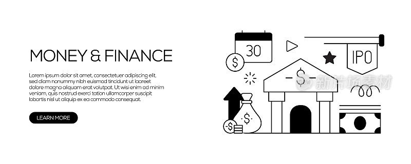 货币和金融相关的网站横幅线条风格。现代线性设计矢量插图的网站横幅，网站标题等。
